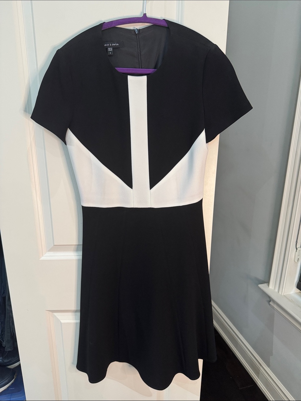 Black and White Short-Sleeve Colorblock Fit & Flare Dress